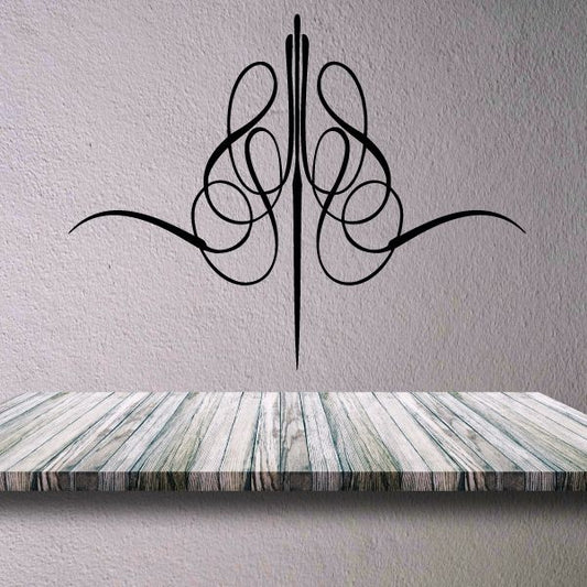 Black decorative pinstripe vinyl decal with vertical scroll-style emblem