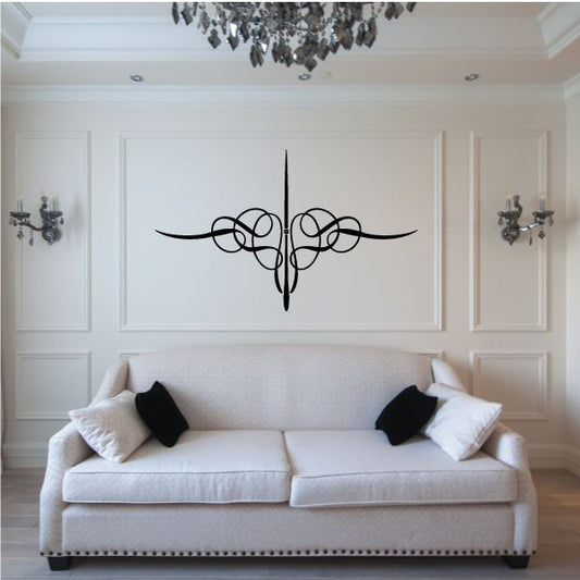 Black ornamental pinstripe vinyl wall decal with curving symmetrical lines