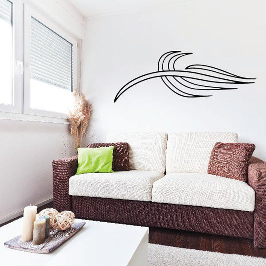 Vehicle pinstripe vinyl decal with black swoosh lines on smooth wall
