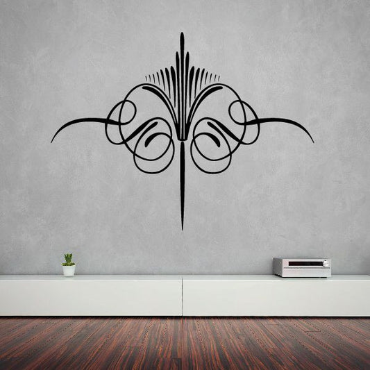 Black ornamental pinstripe vinyl decal with symmetrical butterfly scroll design