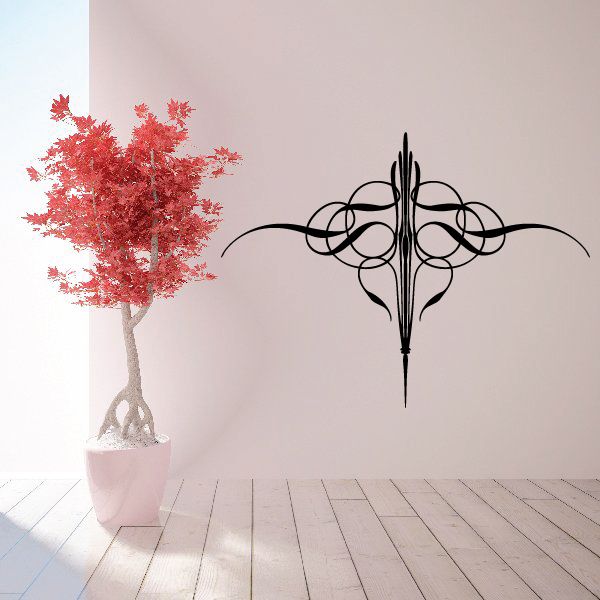 Black decorative vinyl decal with symmetrical swirl and vertical dagger motif