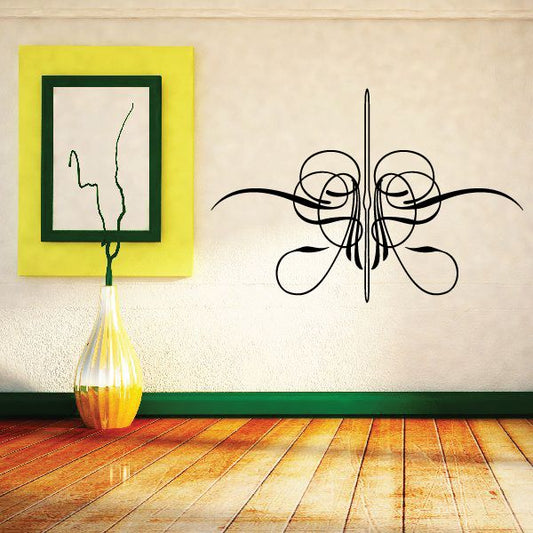 Black ornamental pinstripe vinyl decal with vertical center and curled swirls