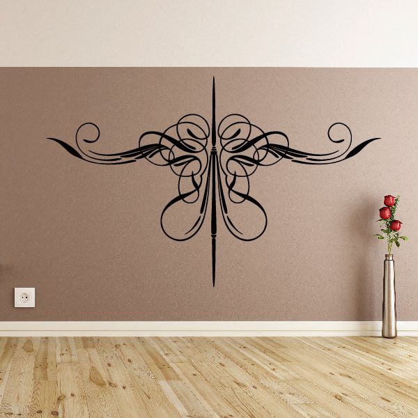 Ornamental black pinstripe vinyl wall decal with symmetrical scroll and center stripe