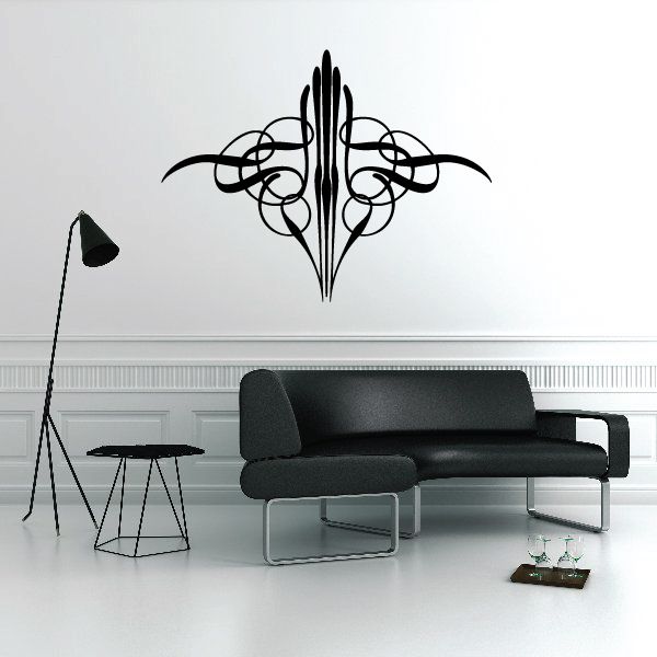 Black pinstripe vinyl vehicle decal with vertical trident-like swirl design