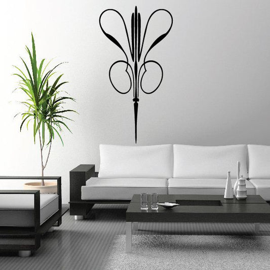 Black ornamental fleur-de-lis wall decal with vertical scroll and petals