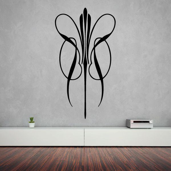 Black pinstripe vinyl decal with central spear shape and curving ribbon lines