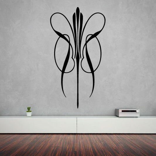 Black pinstripe vinyl decal with central spear shape and curving ribbon lines