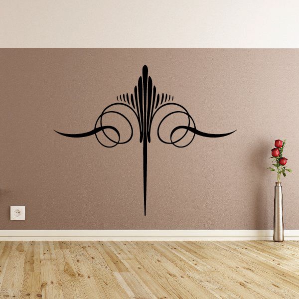 Black vinyl wall decal featuring a central fleur-de-lis with curved side flourishes
