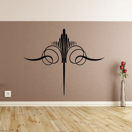 Black vinyl wall decal featuring a central fleur-de-lis with curved side flourishes