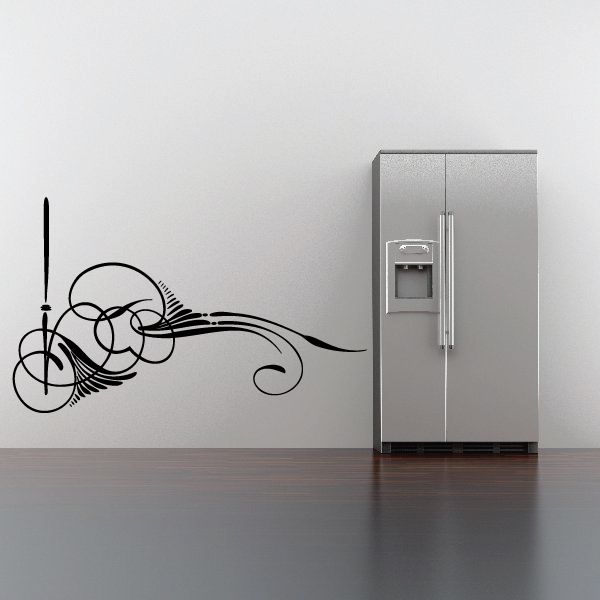 Vehicle pinstripe vinyl decal with black outlined car and decorative swirl details