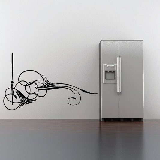 Vehicle pinstripe vinyl decal with black outlined car and decorative swirl details