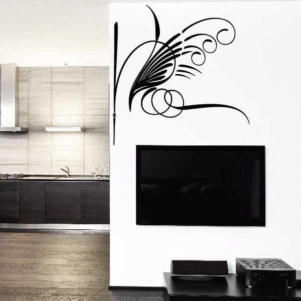 Black pinstripe vinyl wall decal with abstract swirls and curving lines