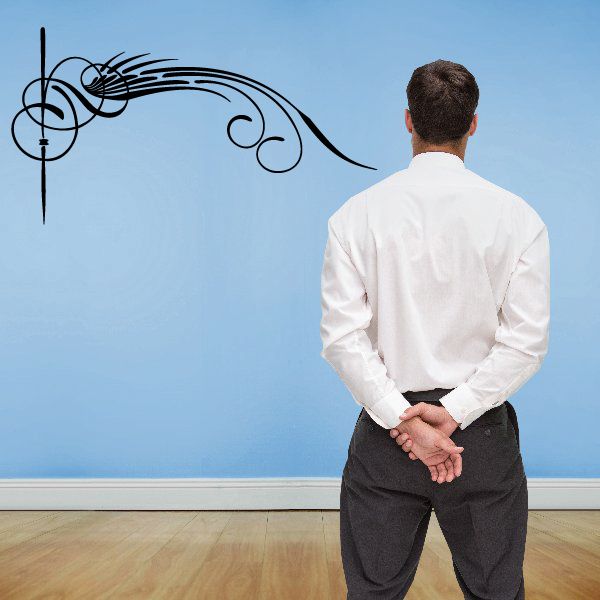 Black pinstripe vinyl decal with musical notes and swirling lines