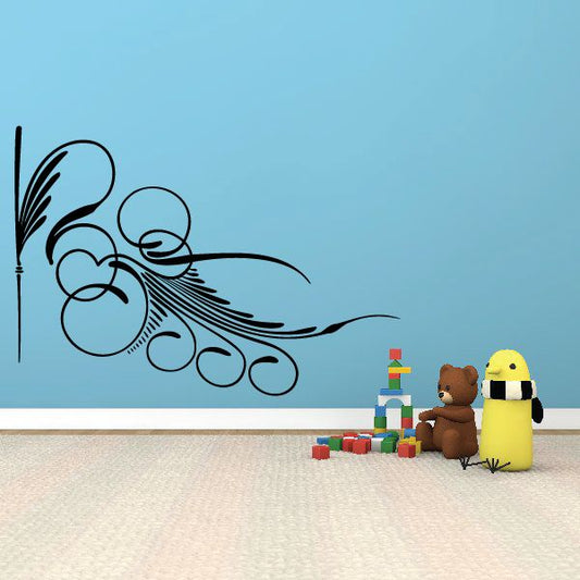 Black pinstripe vinyl decal with feather-like swirls and circular elements.