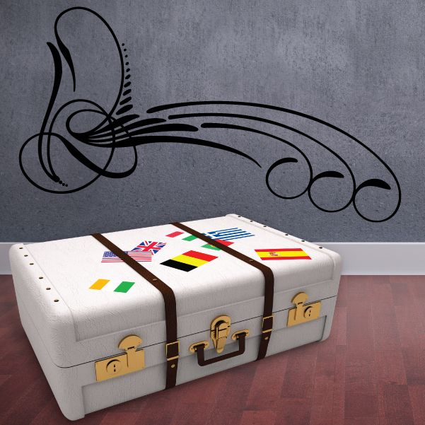 Black pinstripe vinyl car decal with flame and circular swirl design