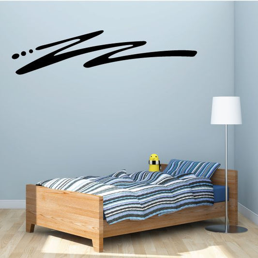 Vehicle pinstripe vinyl decal: black swoosh with dotted line on light wall.