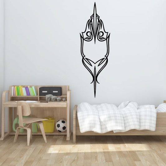 Vehicle pinstripe vinyl decal with black stylized flame spear design