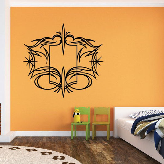 Black ornate pinstripe tribal vehicle decal with symmetrical swirl design