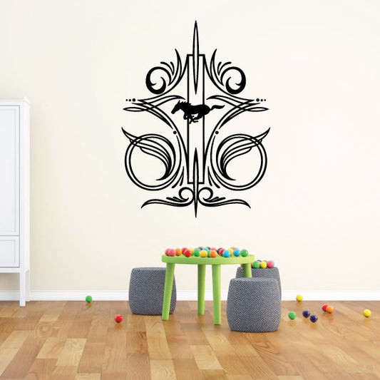 Black ornate pinstripe vinyl decal with crest and scrollwork wings