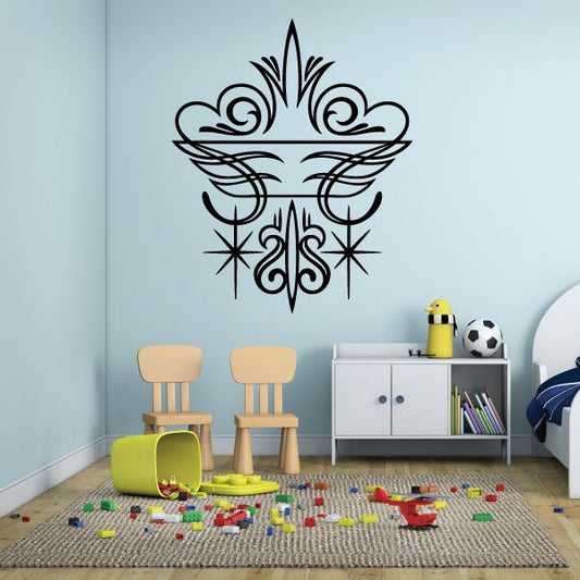 Ornate black floral wing vinyl wall decal with compass-like center accents