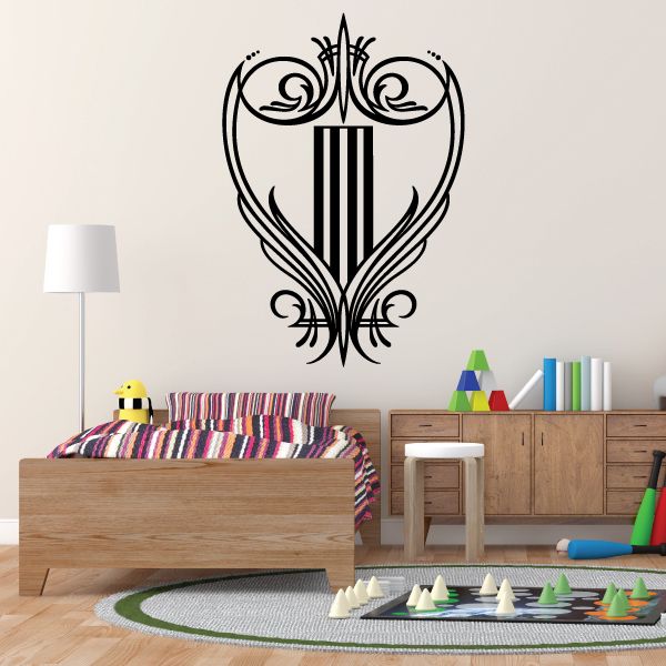 Black ornamental heart wall decal with vertical sword pinstripe design