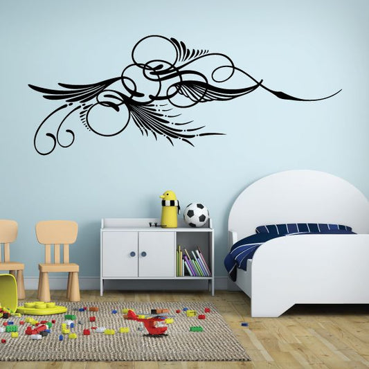Black pinstripe vinyl decal with swirling wing design