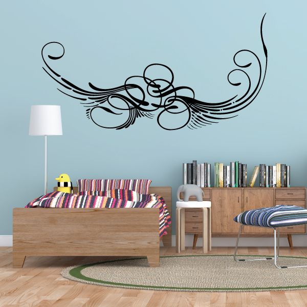 Black pinstripe vinyl wall decal with curved swirl and circular accents