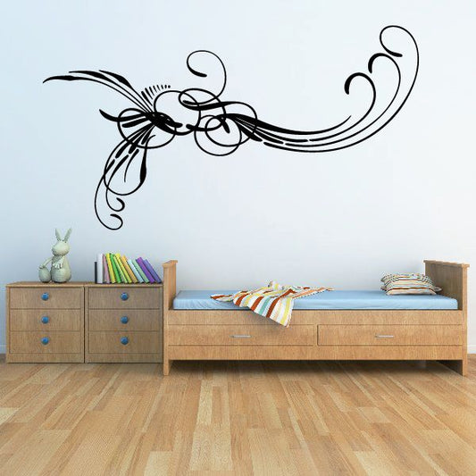 Ornamental black pinstripe vinyl decal with swirling flourish accents