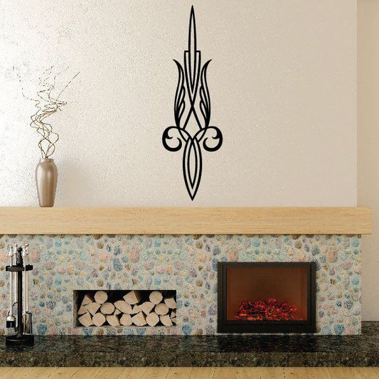 Black pinstripe vinyl vehicle decal with tall tribal swirl flame design