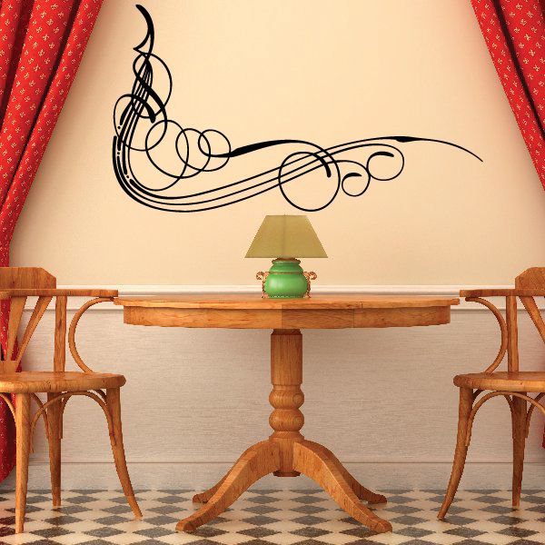 Black pinstripe vinyl decal with curling musical-note swirl and circular accents