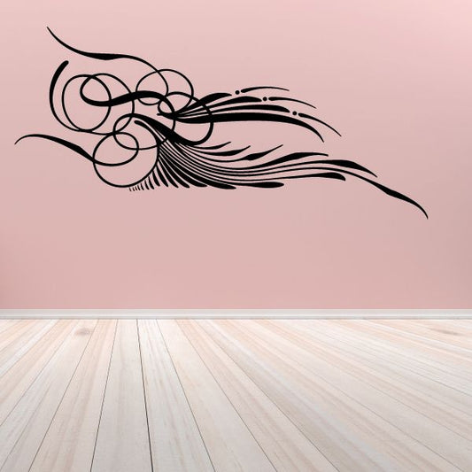Black pinstripe-style vinyl decal with swirling feathered wing design