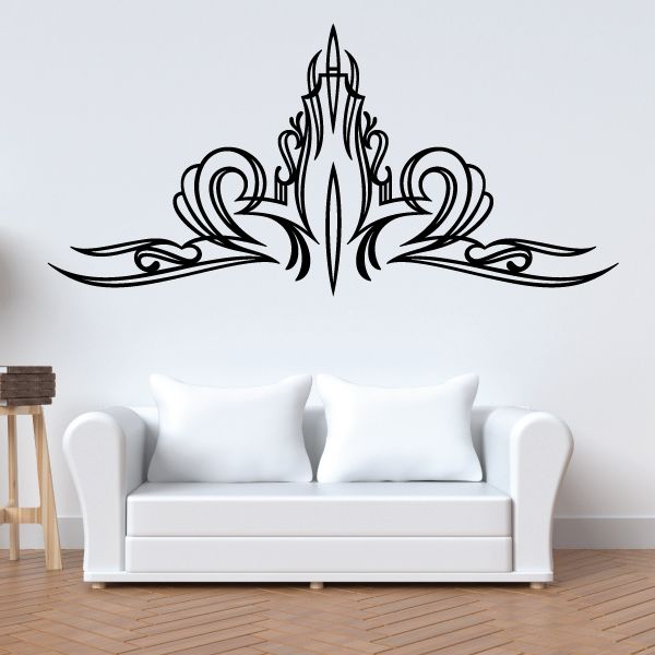 Flame pinstripe vinyl wall decal with symmetrical scroll accents, black outline.