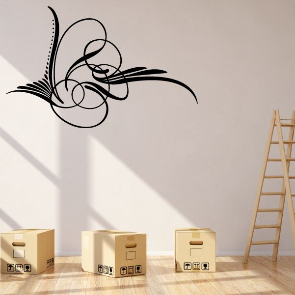 Black pinstripe vinyl vehicle decal with swirl and curved line accents.