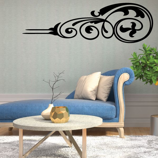 Black pinstripe vinyl decal with swirling scroll and flame accents, wall-ready