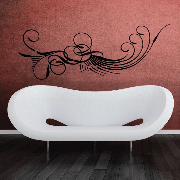 Black pinstripe swirl vinyl decal with curving scroll and floral accents