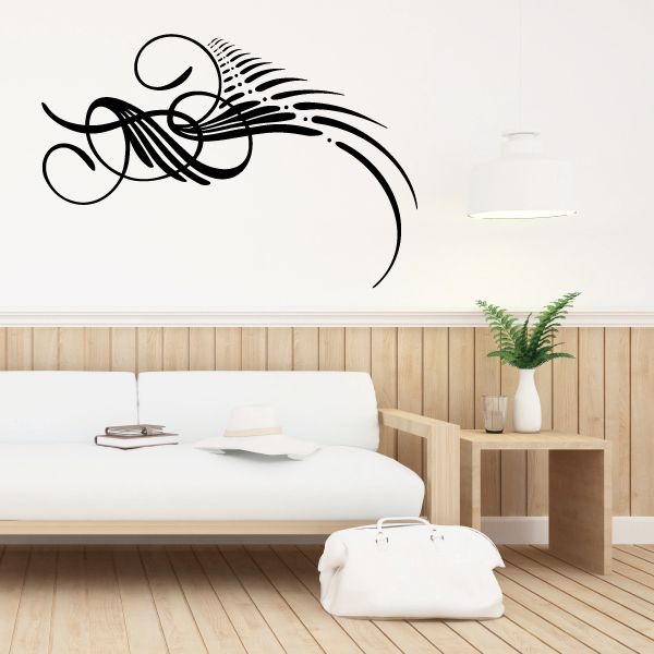 Vehicle pinstripe vinyl decal with black swirl and flame line graphic