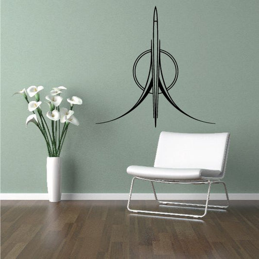 Black ornamental pinstripe vinyl wall decal with central spear and flowing lines