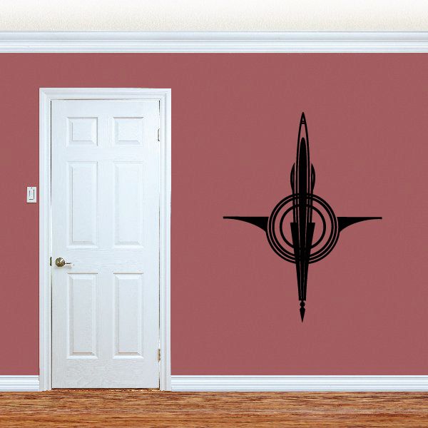 Black vehicle pinstripe vinyl decal with trident-like spear and circular accents