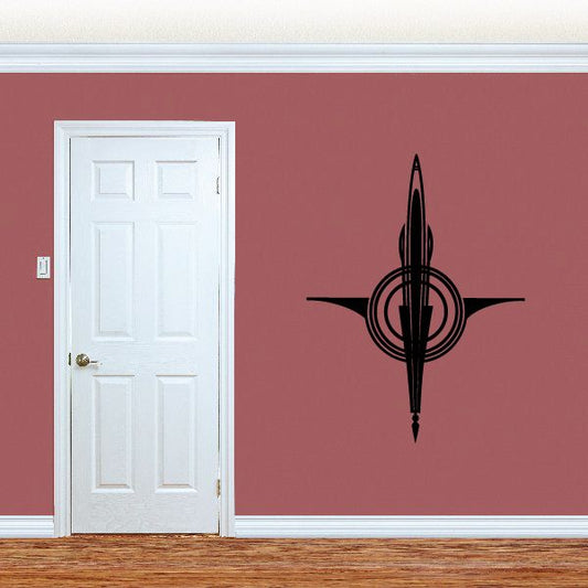 Black vehicle pinstripe vinyl decal with trident-like spear and circular accents