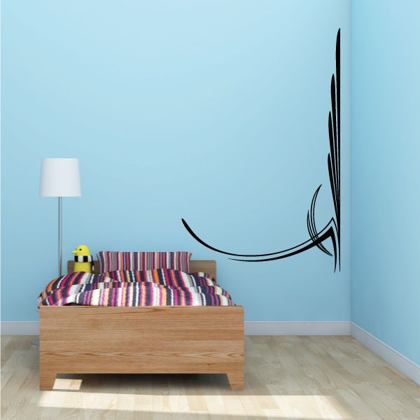 Black pinstripe vinyl vehicle decal with curved swoosh on wall