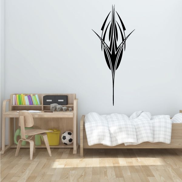 Vehicle pinstripe vinyl decal, black stylized arrow emblem