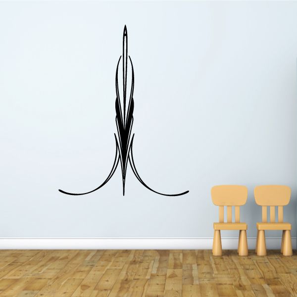 Black vinyl pinstripe decal with tall center emblem and swooping curls