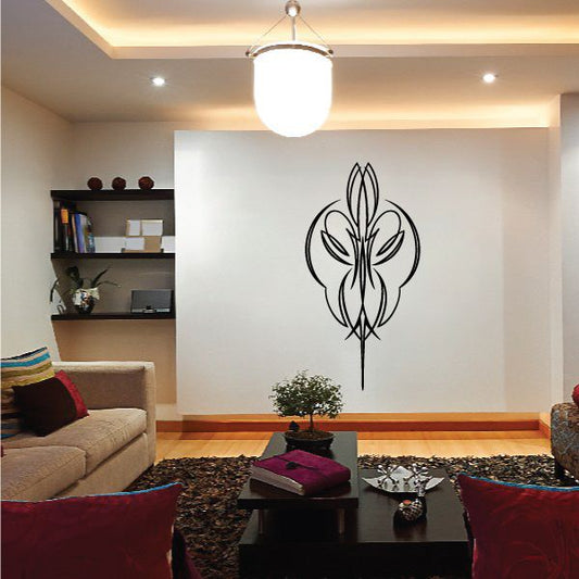Vinyl wall decal with black outlined fleur-de-lis fleur motif and vertical stem