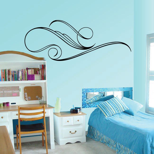 Black pinstripe vinyl wall decal with swirling scroll line design