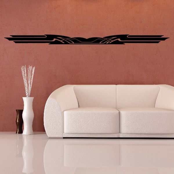 Black pinstripe vinyl decal with winged stripe graphic on wall