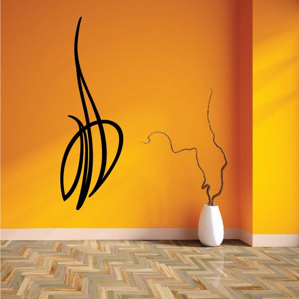 Black pinstripe vinyl decal with curved swirl lines on wall