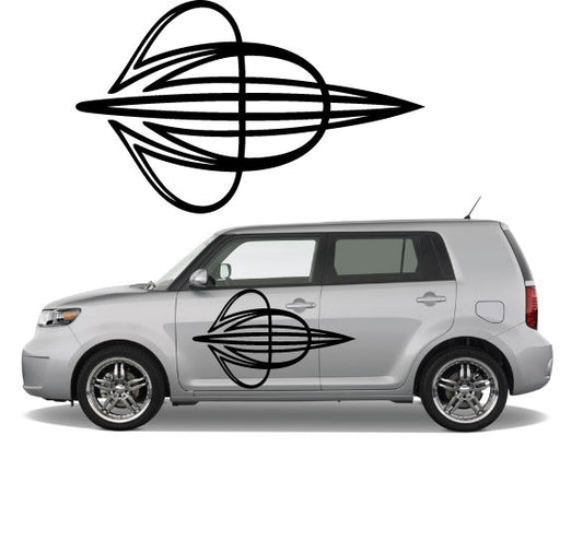 Black vehicle pinstripe vinyl decal shaped like a swirl circle arrow on car door.