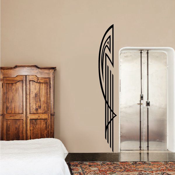 Black pinstripe vinyl decal with tall geometric stripes on wall beside a door frame