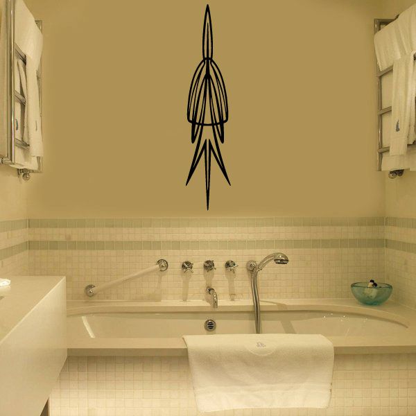 Vehicle pinstripe vinyl decal, black rocket silhouette with pointed fins and lines
