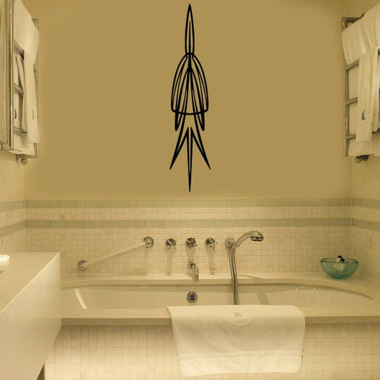 Vehicle pinstripe vinyl decal, black rocket silhouette with pointed fins and lines